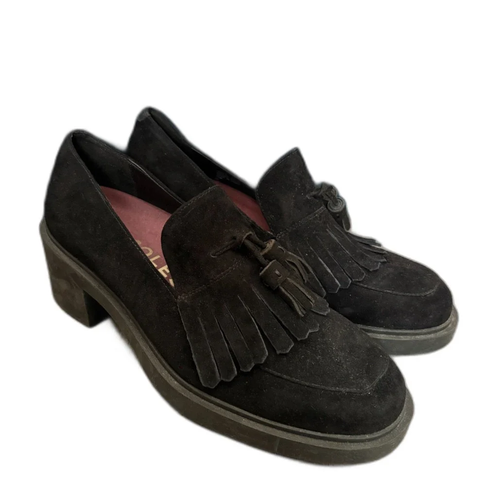 Aerosoles Gibes Black Suede Leather Tassel Chunky Block Heel Loafers Womens 11